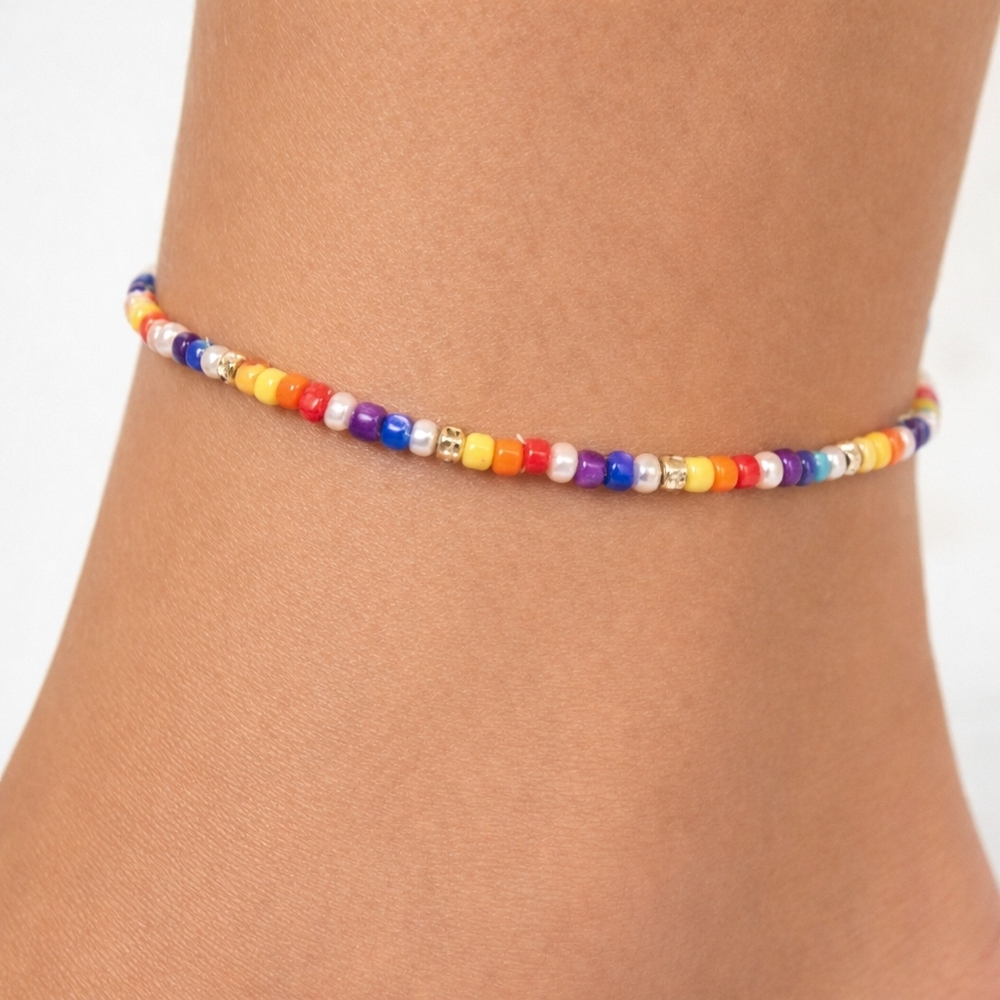 Handmade Multicolor Seed Bead Anklet, Gold Accents – Boho Jewelry Ankle bracelet
